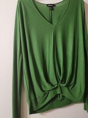 DKNY Green Twist-Front V-Neck Long Sleeve, Sheer Top. 100% Silk. SIZE Medium.